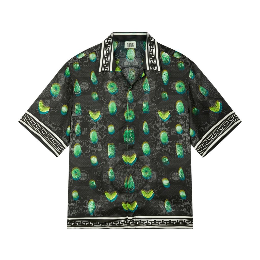 Men's Green Short Sleeve Jade Night Silk Shirt Small Ning Dynasty