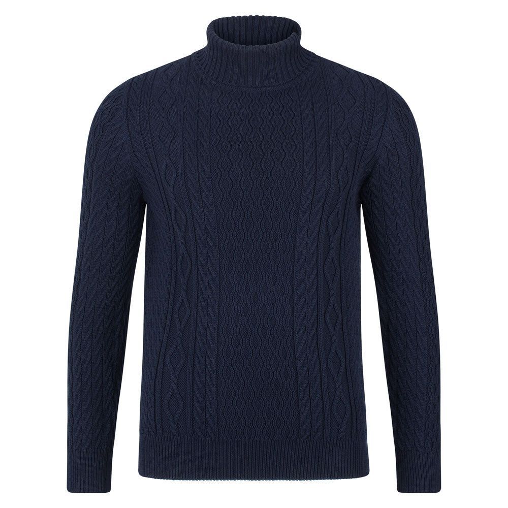 Blue Mens Midweight Pure Cotton Roll Neck Christopher Cable Jumper - Navy Small Paul James Knitwear