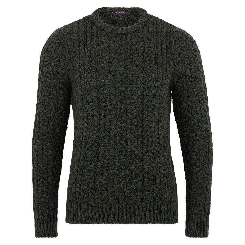 Green Mens Fisherman's British Wool Cable Jumper - Loden Small Paul James Knitwear