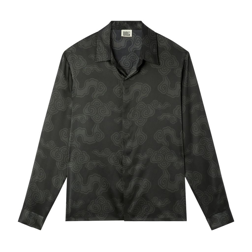 Men's Black Long Sleeve Imperial Clouds Silk Shirt Small Ning Dynasty