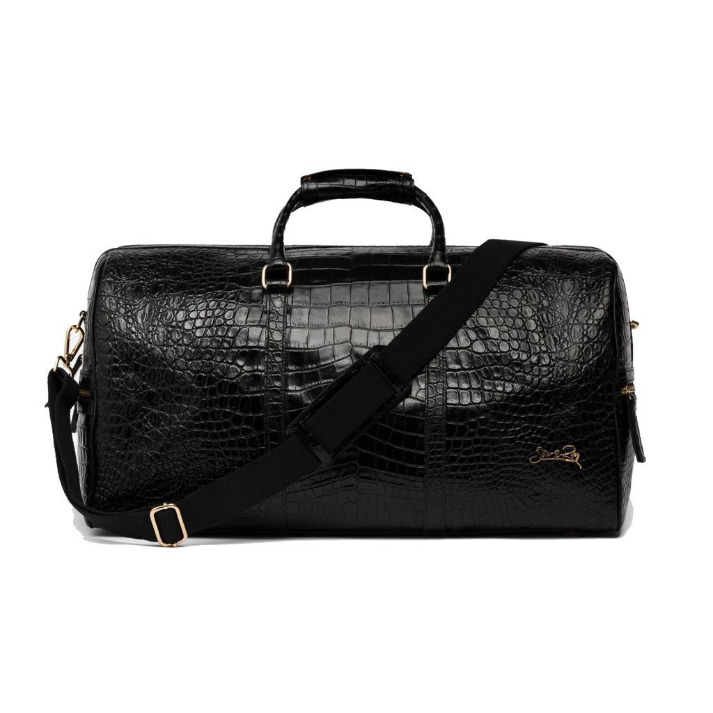 Carryall Duffle Leather Bag In Crocodile Print Black Noir One Size Silver & Riley