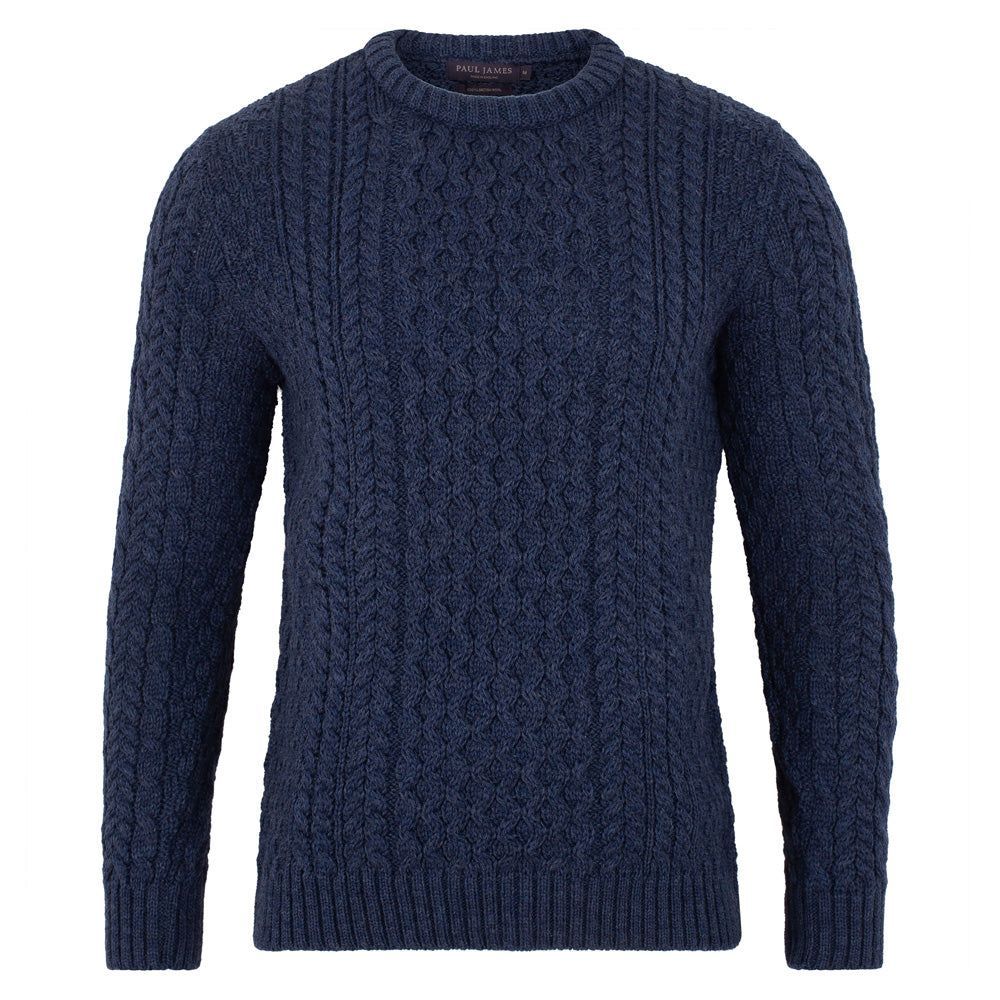 Blue Mens Fisherman's British Wool Cable Jumper - Denim Extra Small Paul James Knitwear