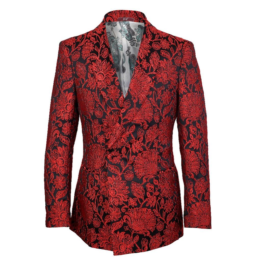 Men's Black / Red Floral Double Breasted Shawl Lapel Jacquard Blazer - Red Black Large DAVID WEJ