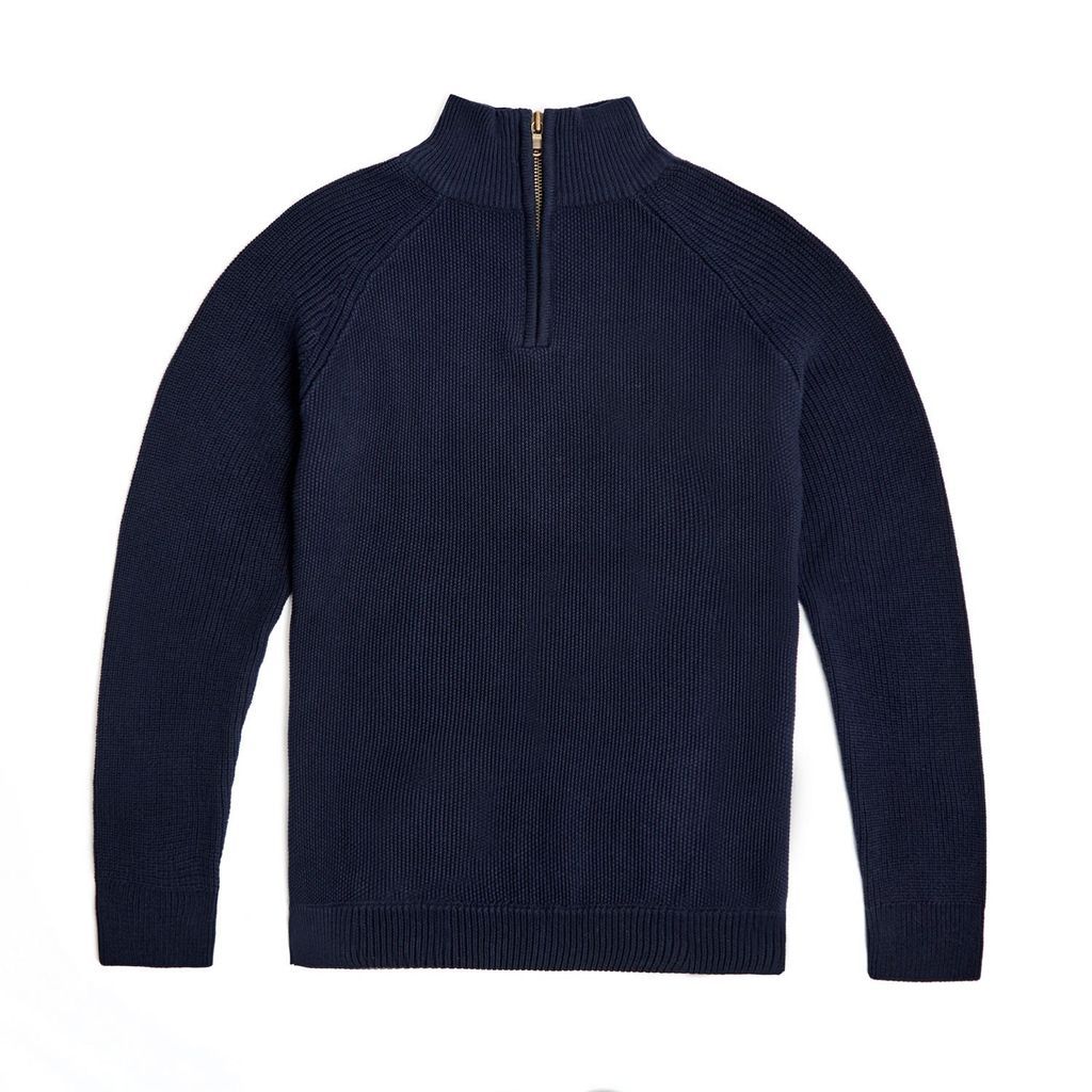 Blue Mens Midweight 100% Cotton Zip Neck Jumper - Navy Small Paul James Knitwear