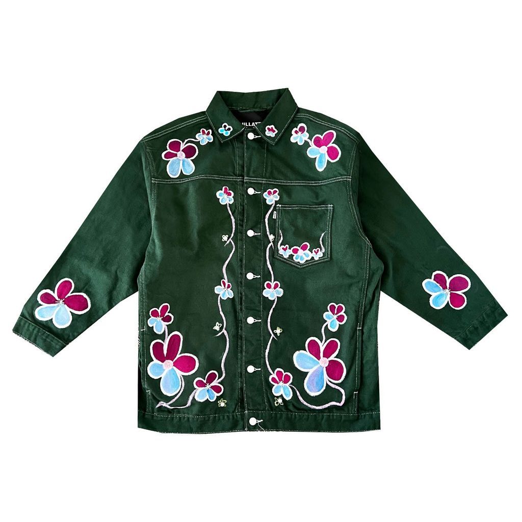 Men's Green Floral Denim Jacket Large Quillattire