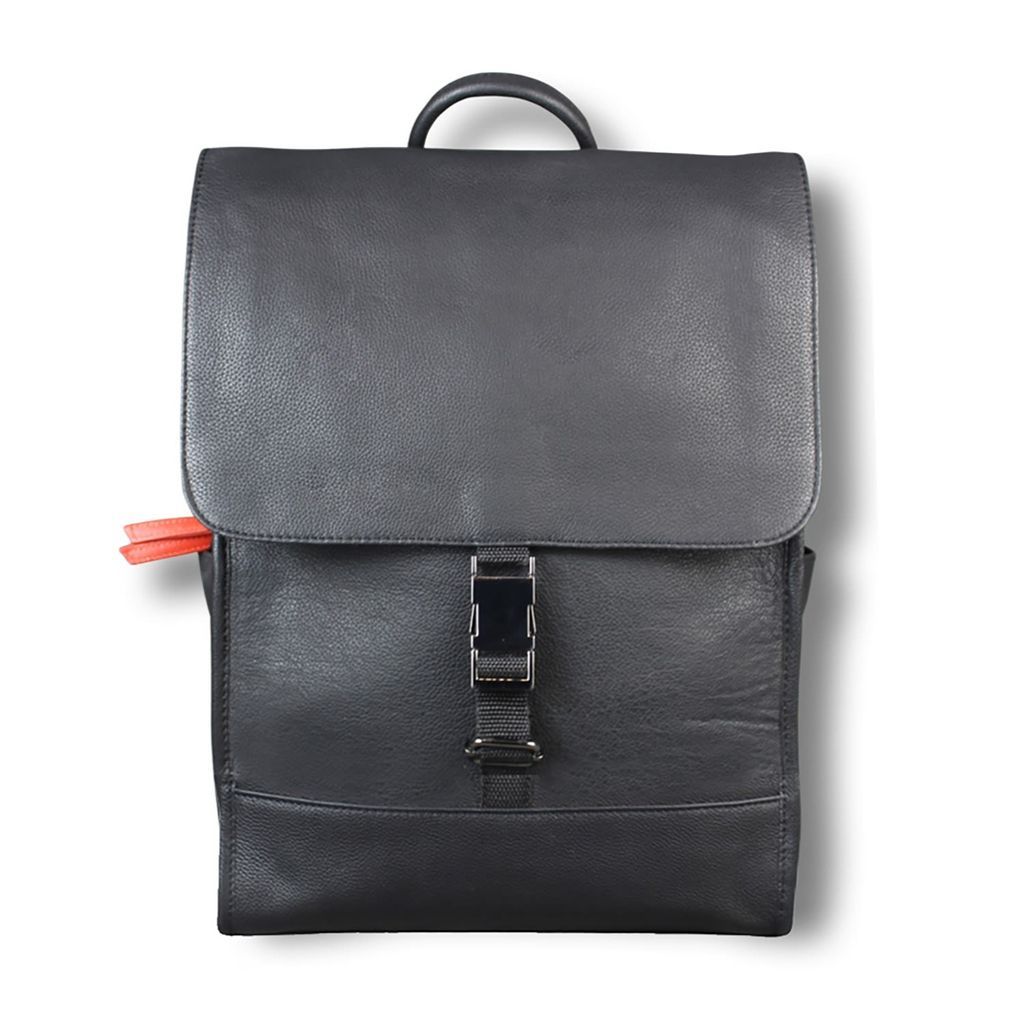 Men's Black / Red Black Leather Laptop Backpack Bag With Orange Zip LeatherCo.