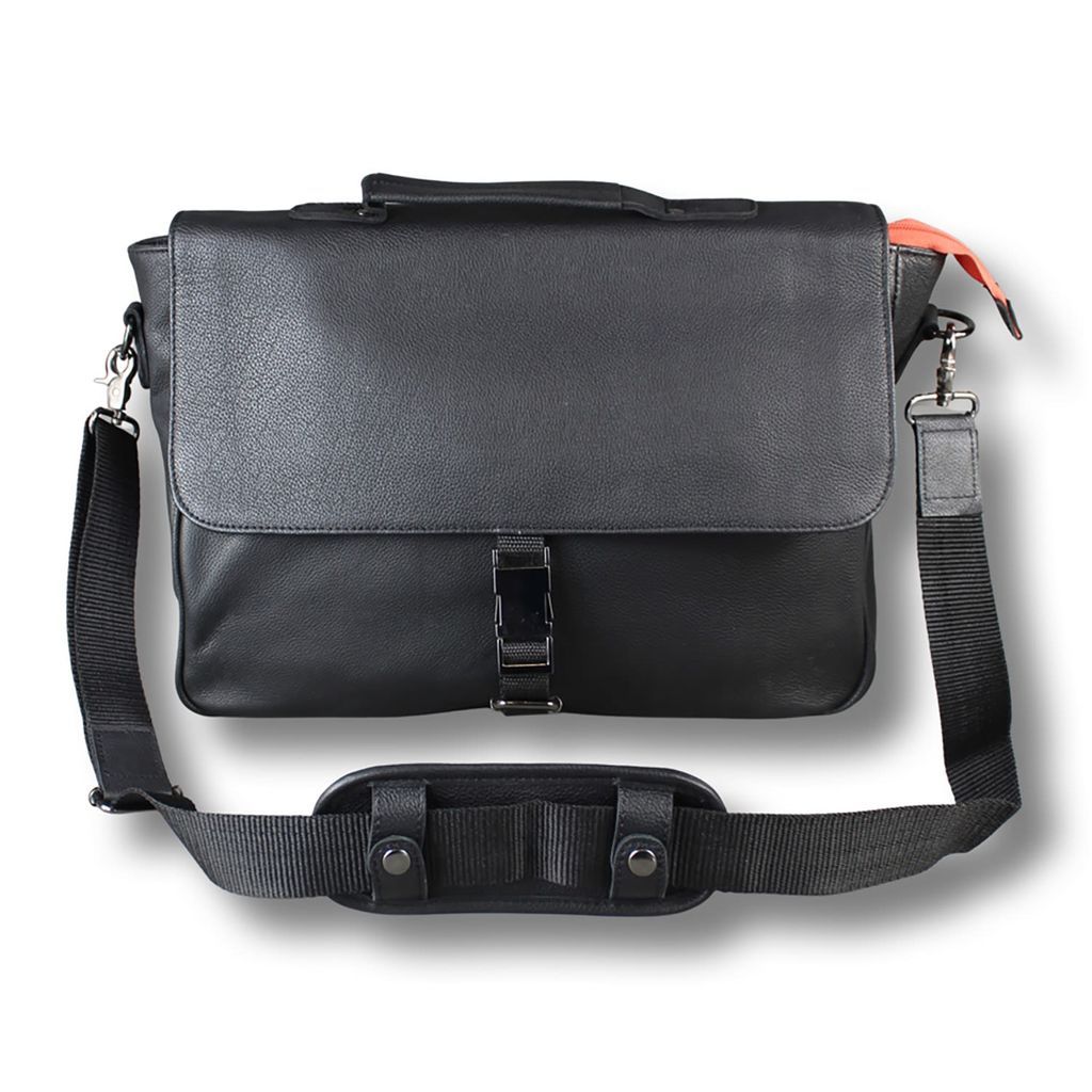 Men's Black / Red Black Leather Laptop Messenger Bag With Orange Zip LeatherCo.