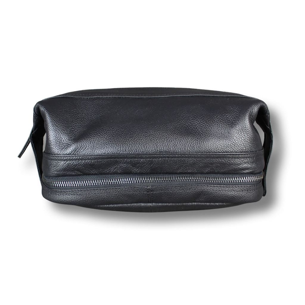 Black Leather Open Top Wash Bag With Gunmetal Zip LeatherCo.