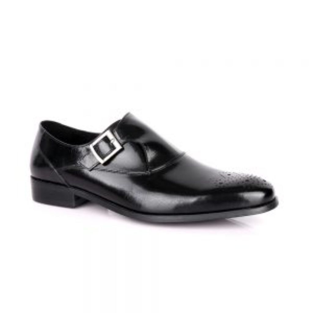 Men's Leather Cutway Shoes With Single Buckle Monkstrap - Black 9 Uk DAVID WEJ