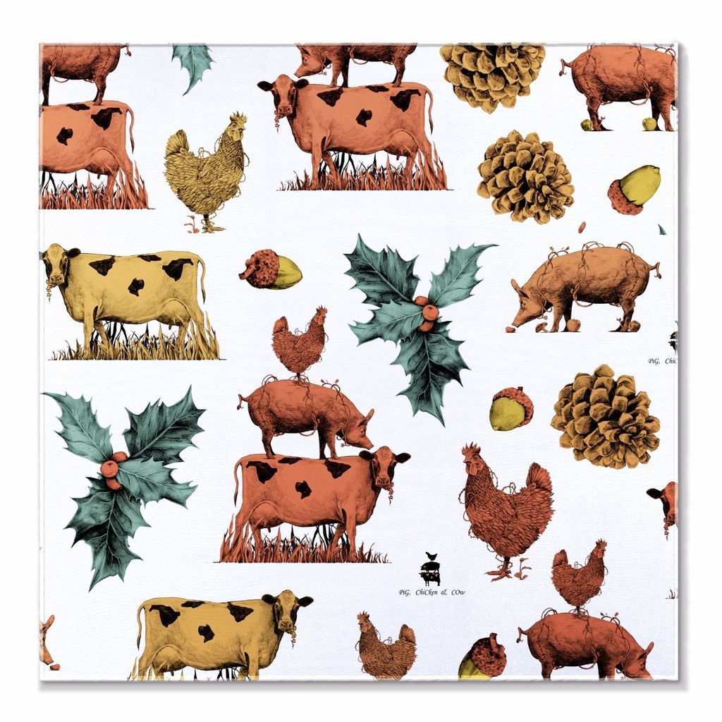 Men's Holly Leaves Pocket Square Pig, Chicken & Cow
