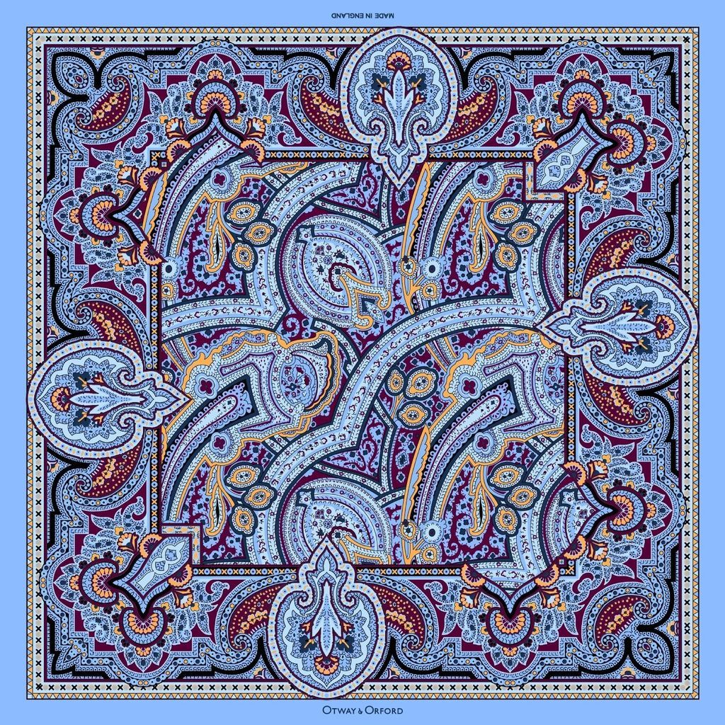 Men's Gold / Blue 'Labyrinth' Paisley Silk Pocket Square In Blue, Burgundy & Gold. Full-Size. Otway & Orford