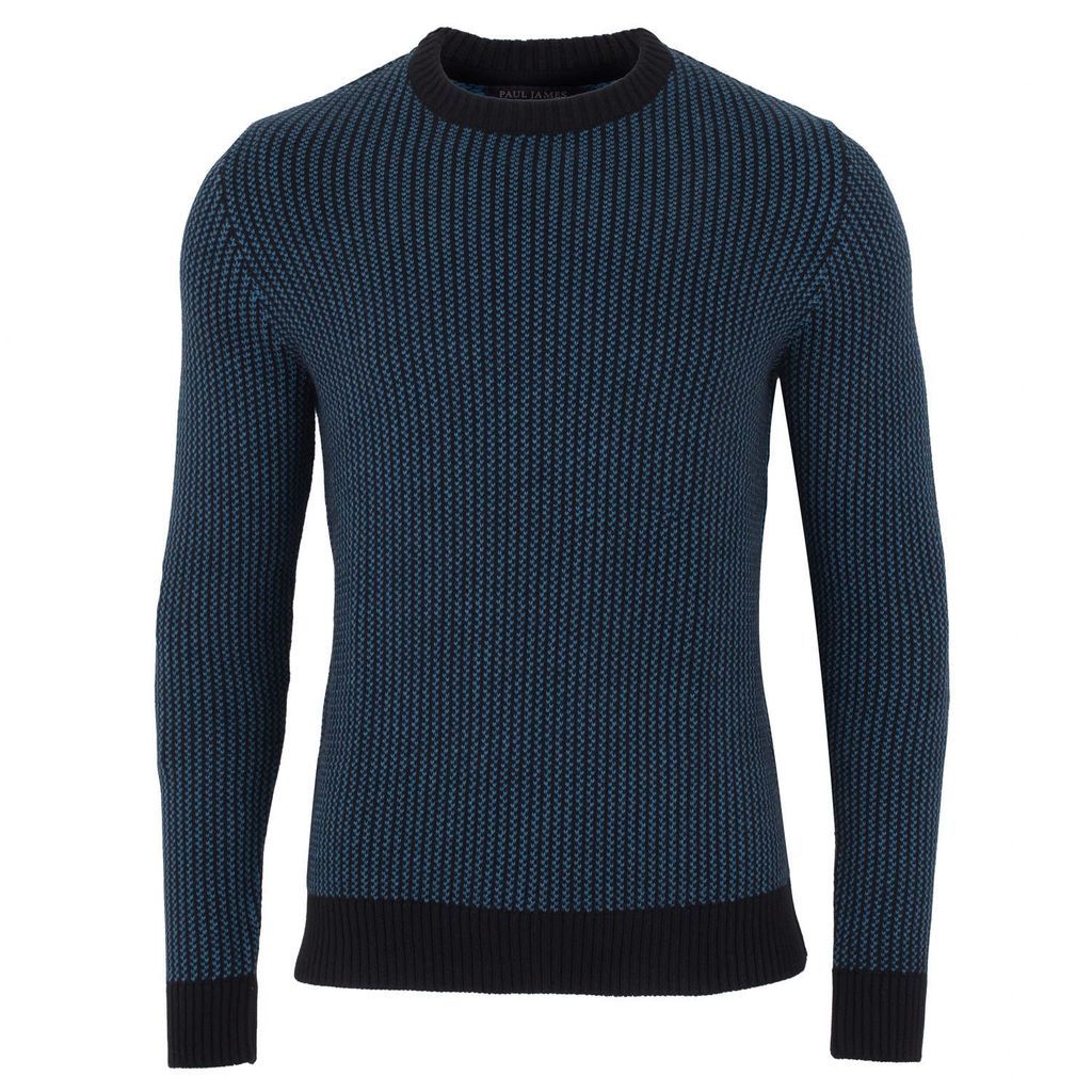 Black / Blue Mens 100% Cotton Fisherman Tuck Stitch Jumper - Blue Small Paul James Knitwear