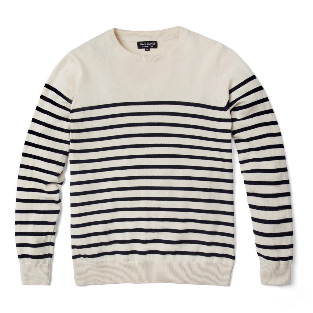 Blue / White Mens 100% Cotton Striped Breton Allen Sweater - Blue, White Extra Small Paul James Knitwear