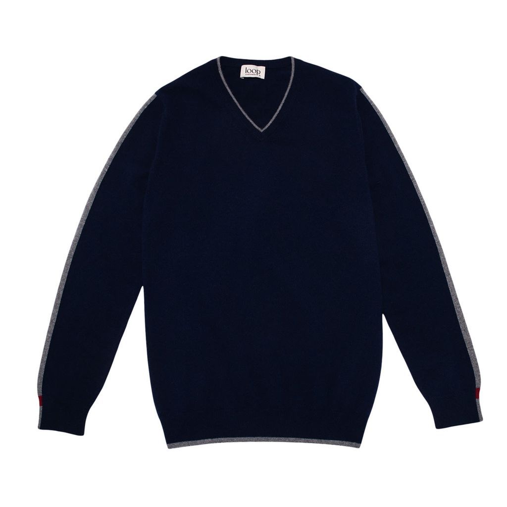 Blue Men's V Neck Sweater In Midnight Medium Loop Cashmere