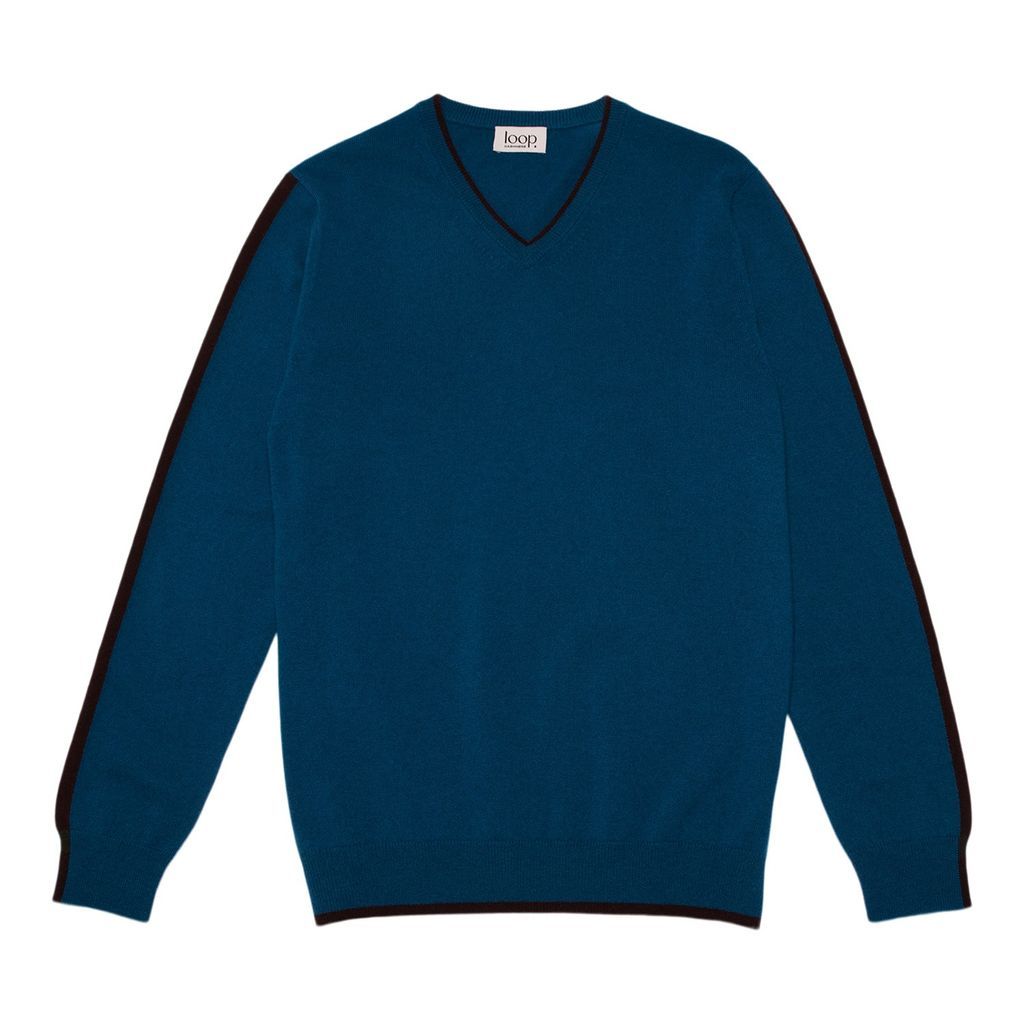 Blue Men's V Neck Sweater In Peacock Small Loop Cashmere
