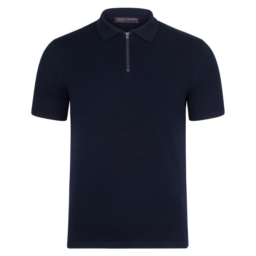 Blue Mens Lightweight 100% Cotton Short Sleeve Zip Neck Lewis Polo Shirt - Navy Medium Paul James Knitwear