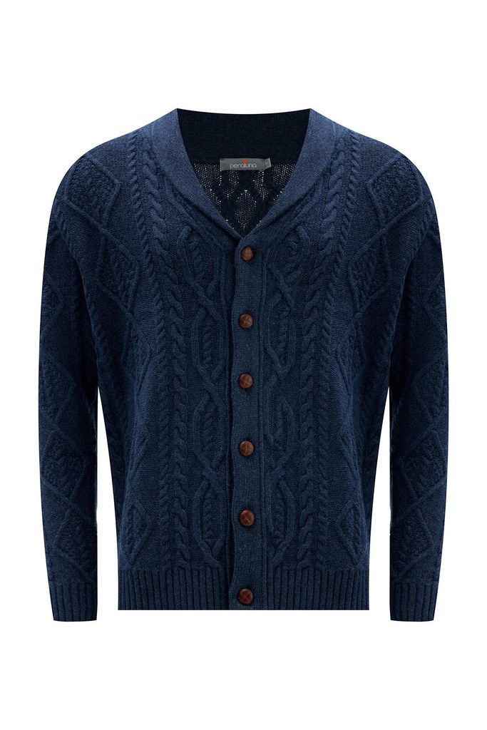 Blue Shawl Collar Cashmere Blend Cable Knit Men's Cardigan - Indigo Small Peraluna