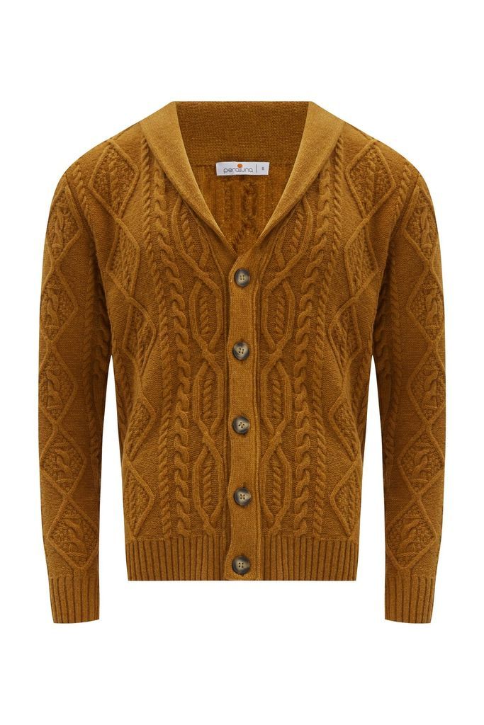 Brown Benjamin Shawl Collar Cable Knit Men's Cardigan - Mustard Small Peraluna