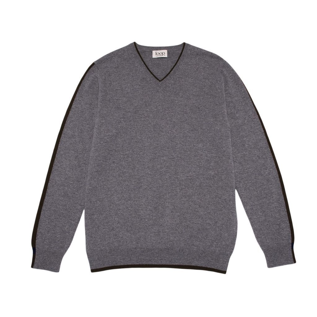 Grey Men's V Neck Sweater In Derby Small Loop Cashmere