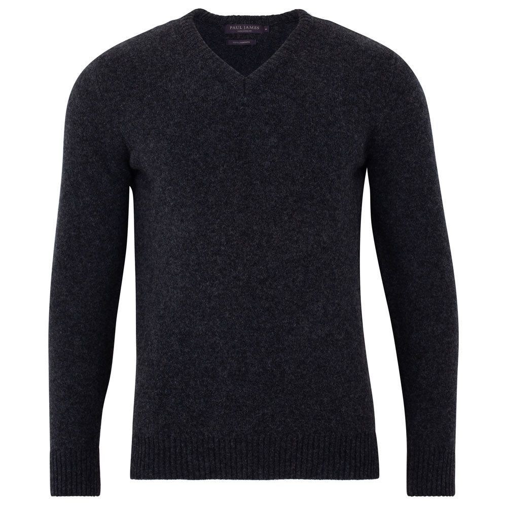 Grey Mens British Lambswool V Neck Knight Jumper - Charcoal Extra Small Paul James Knitwear