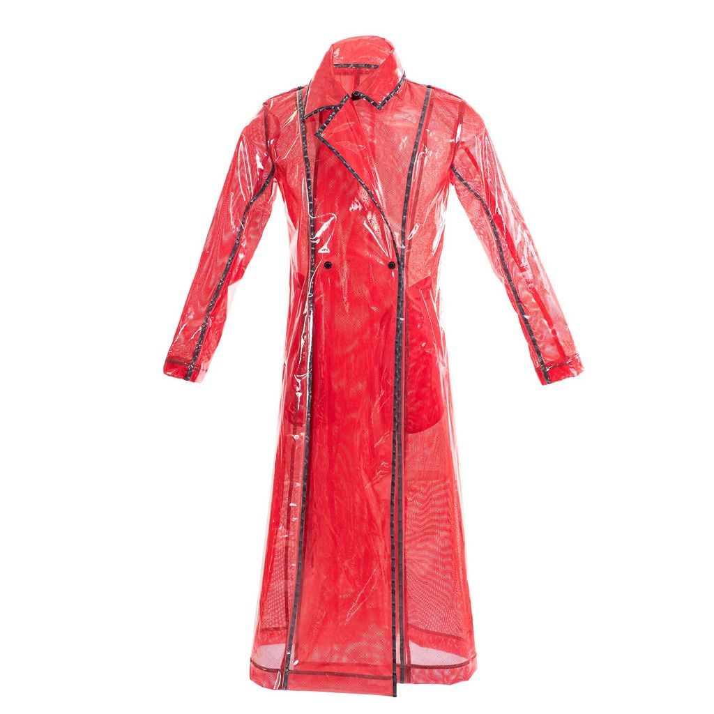 Men Designer Transparent Trench Raincoat - Long Island - Red Extra Small Yvette LIBBY N'guyen Paris