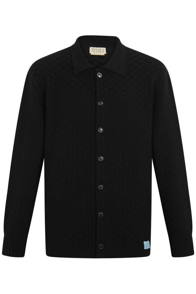 Men's Black Checkered Knit Button-Down Medium Reuben Oliver
