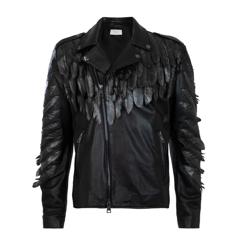 Men's Black Crow Leather Jacket By Axel P Xl