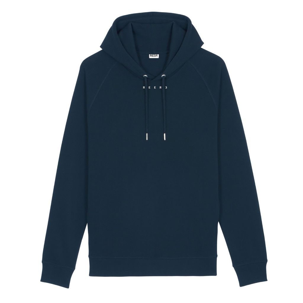Men's Blue Designer Hoodie In Navy With Logo Print Made Of Organic Cotton Small REER3