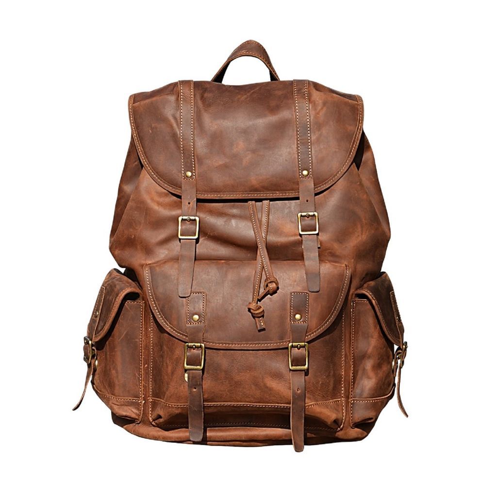Men's Brown Military Style Leather Backpack Touri