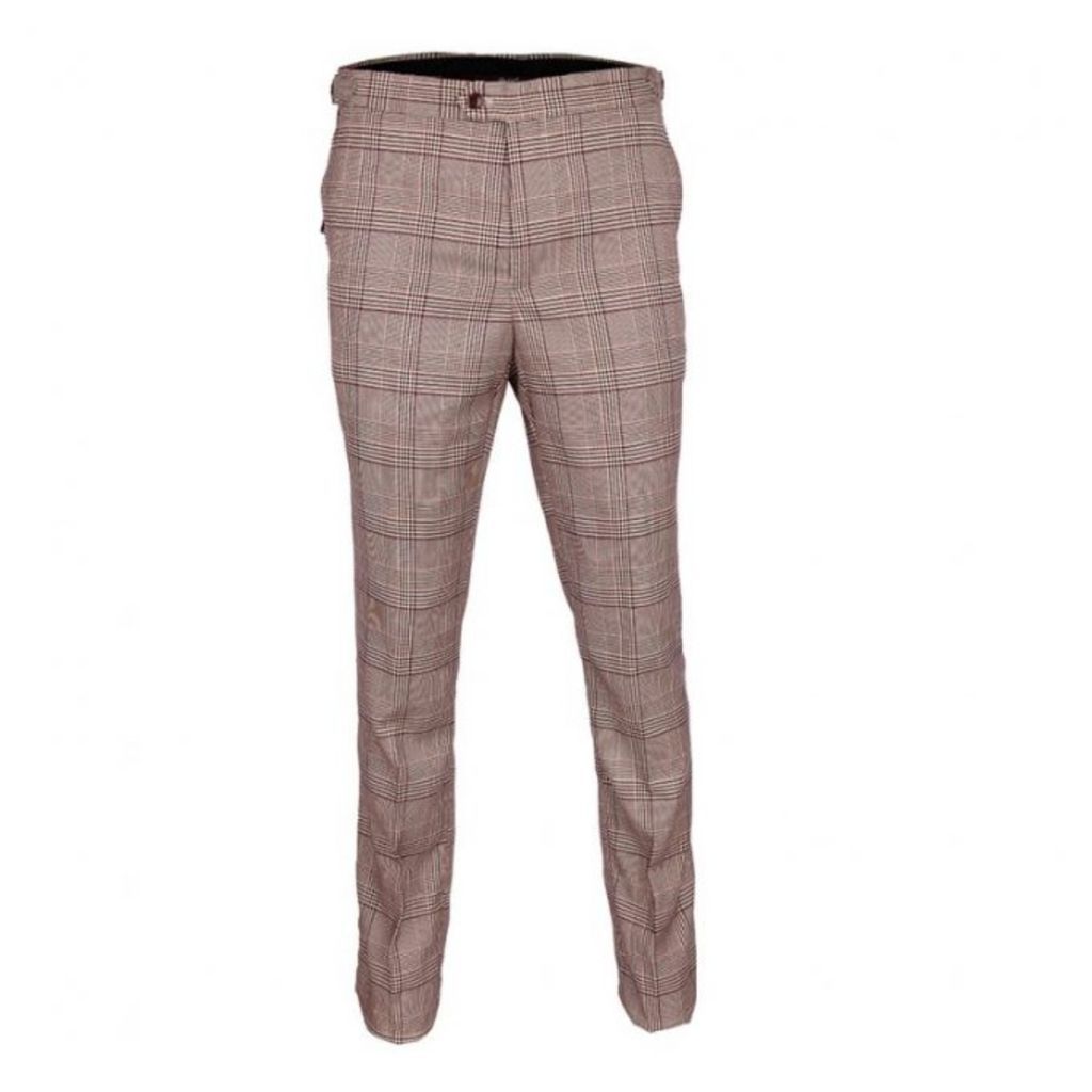 Men's Check Smart Trousers With Side Adjusters - Brown Orange 30