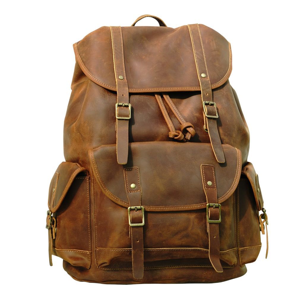 Men's Military Style Leather Backpack - Light Brown Touri