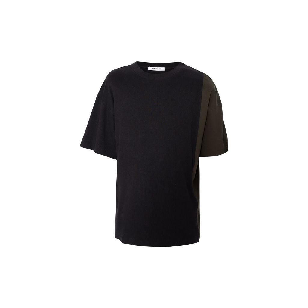 Men's T-Shirt In Texturized Black Rib With Contrast Military Green Side Panel Extra Small Vidi Blak