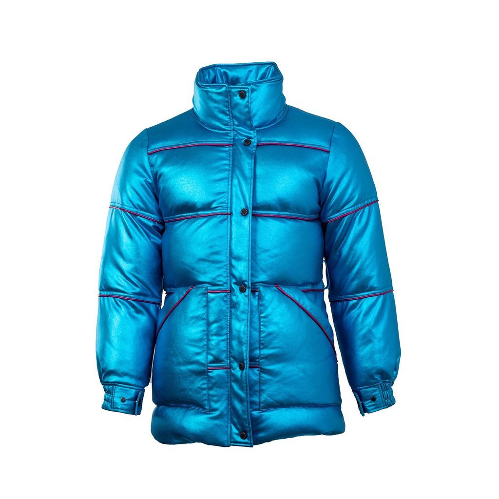 Men's Unisex - Goose-Down Jacket - Refractive Vinyl Faux Leather - Mission - Deep Caribbean Water Blue In Modern Style Extra Small Yvette LIBBY N'guyen Paris