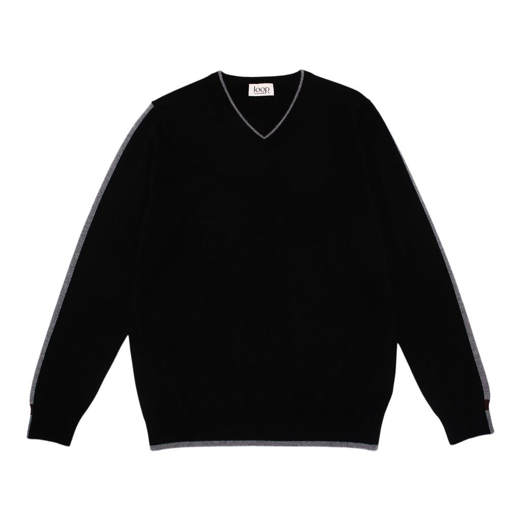 Men's V Neck Sweater In Black Small Loop Cashmere