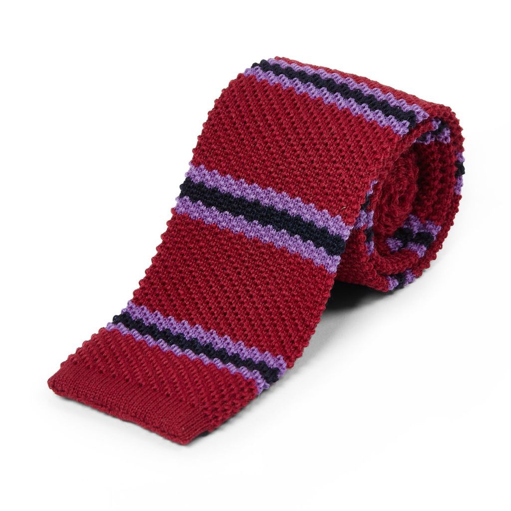 Men's Wool Knitted Tie - Stripe Red, Purple & Navy Burrows & Hare