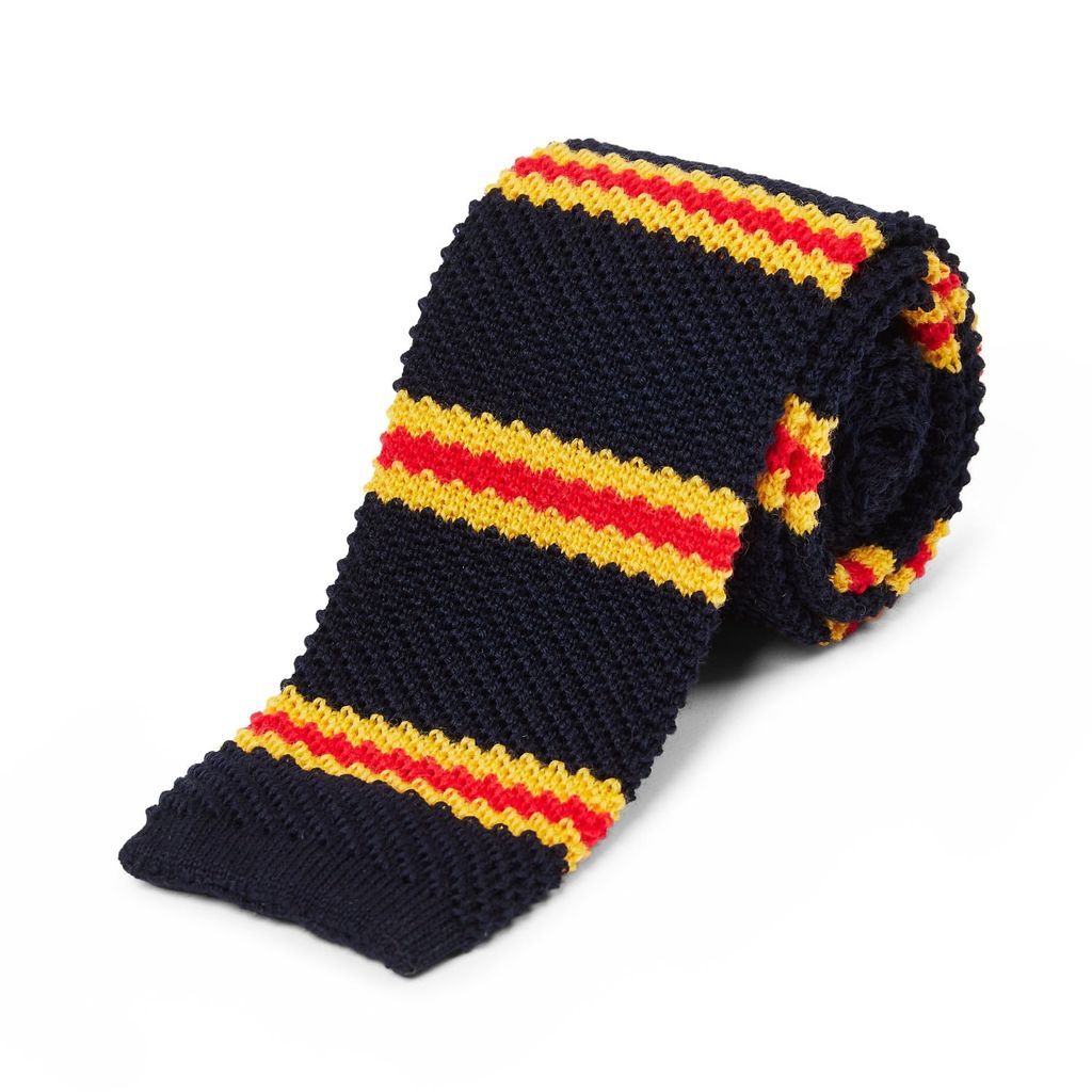Men's Wool Knitted Tie - Stripe Navy, Red & Yellow Burrows & Hare