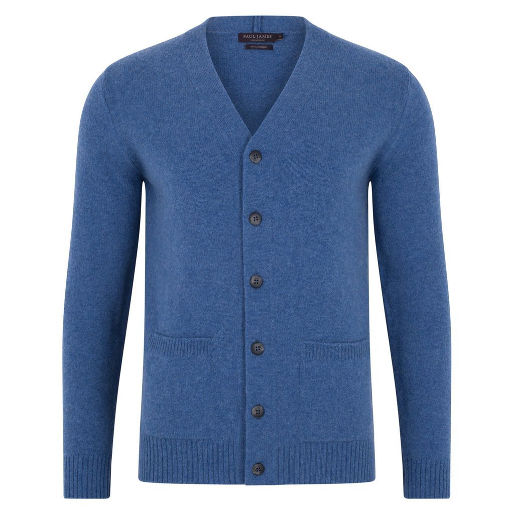 Mens Lambswool Two Pocket Cardigan - Jeans Blue Extra Small Paul James Knitwear