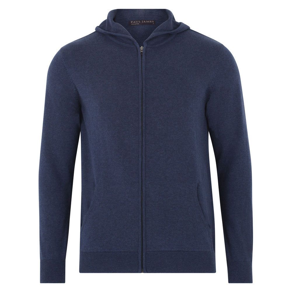 Mens Lightweight 100% Cotton Zip Through Knitted Jackson Hoodie - Blue Melange Medium Paul James Knitwear