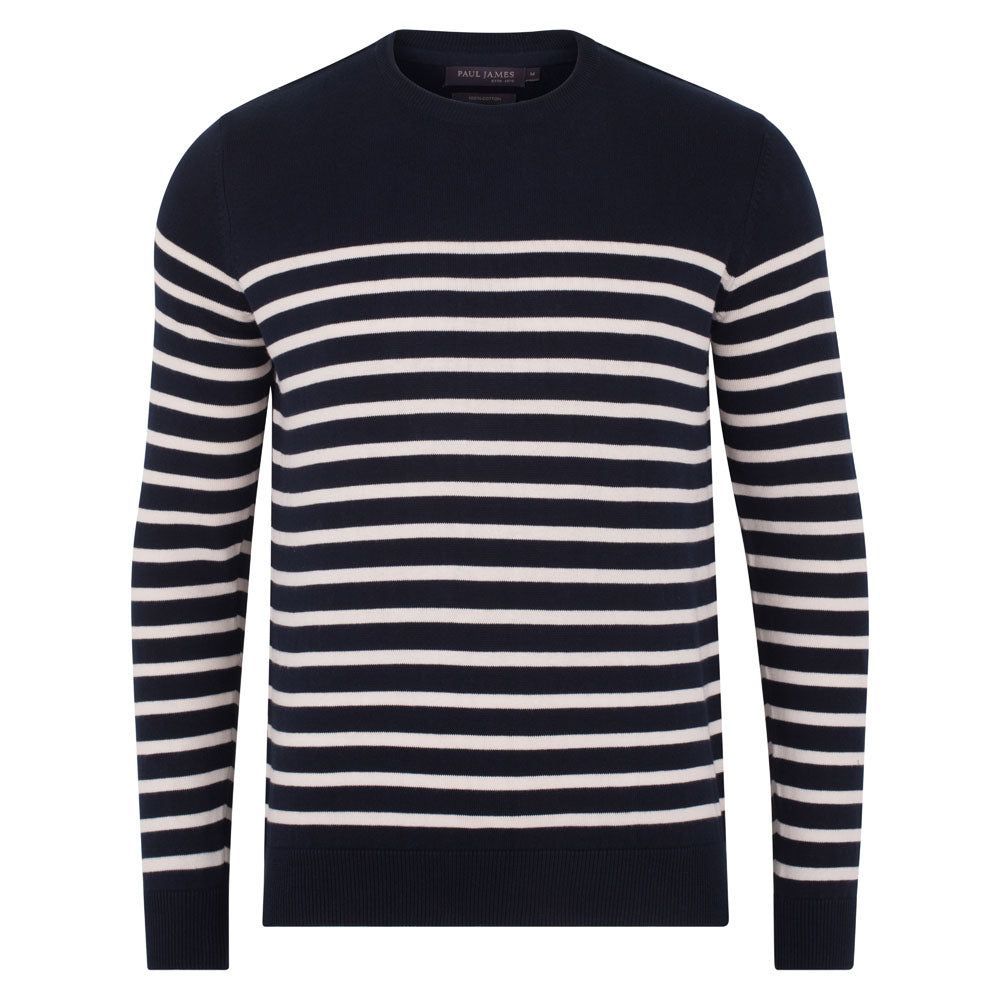 White / Blue Mens 100% Cotton Striped Breton Allen Sweater - Navy Extra Small Paul James Knitwear