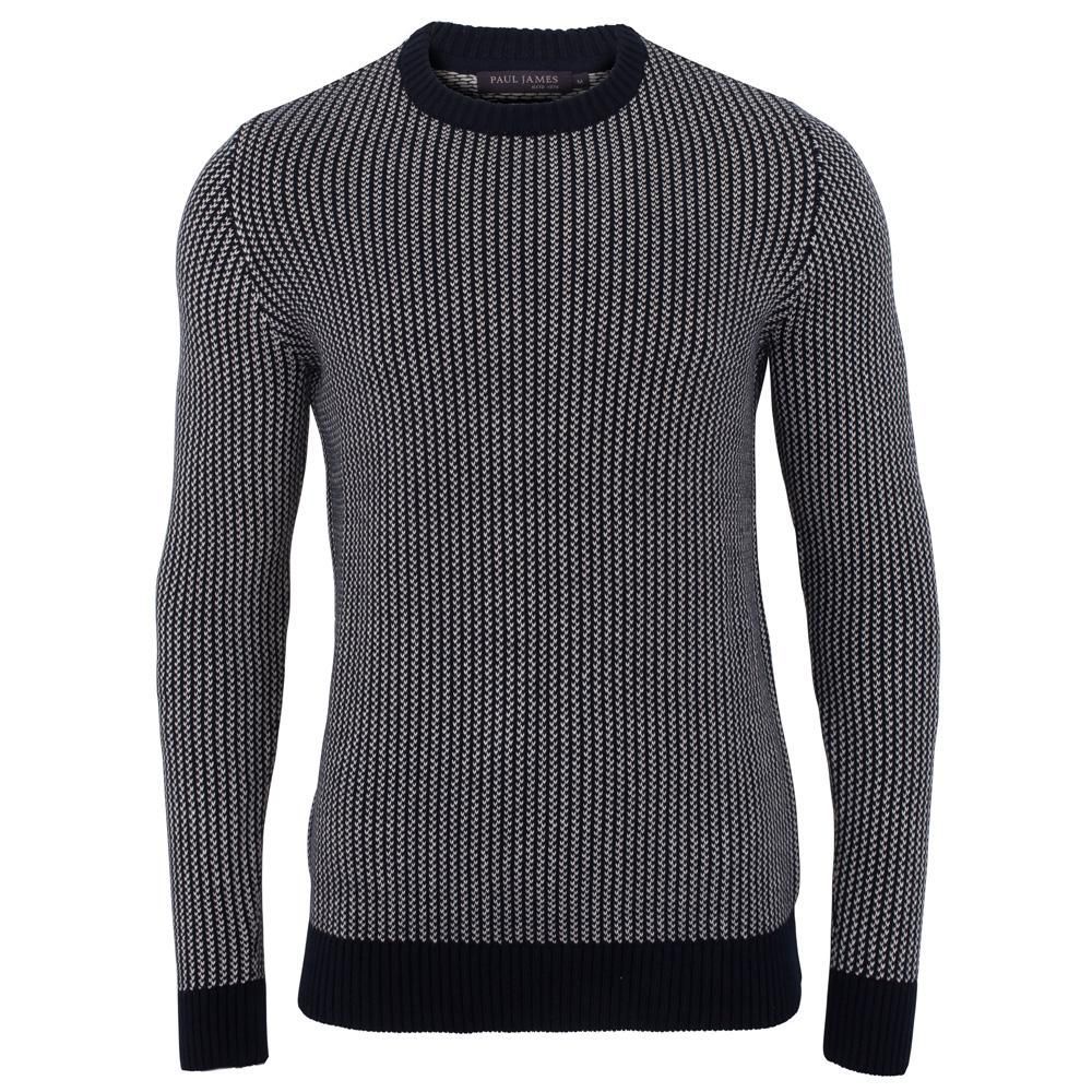 White / Blue Mens 100% Cotton Fisherman Tuck Stitch Jumper - Navy Extra Small Paul James Knitwear