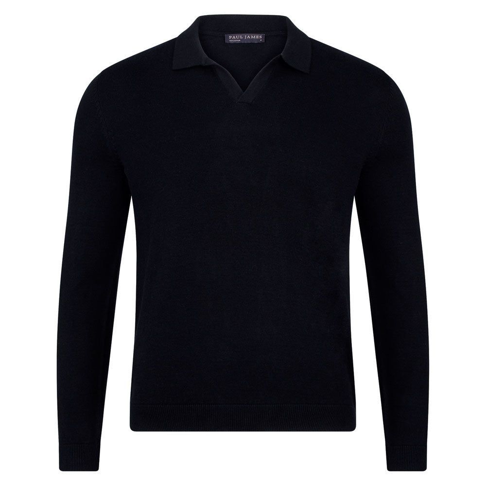 Mens Cotton Lightweight Lyndon Buttonless Polo Shirt - Black Small Paul James Knitwear