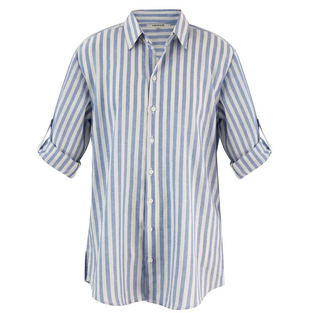 Men's Relaxed Long Sleeves Shirt White & Blue Stripes Large MEROË