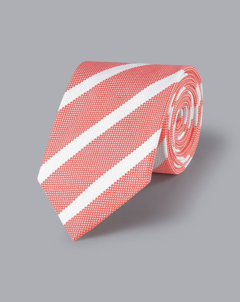 Silk Linen Stripe Tie - Coral & White