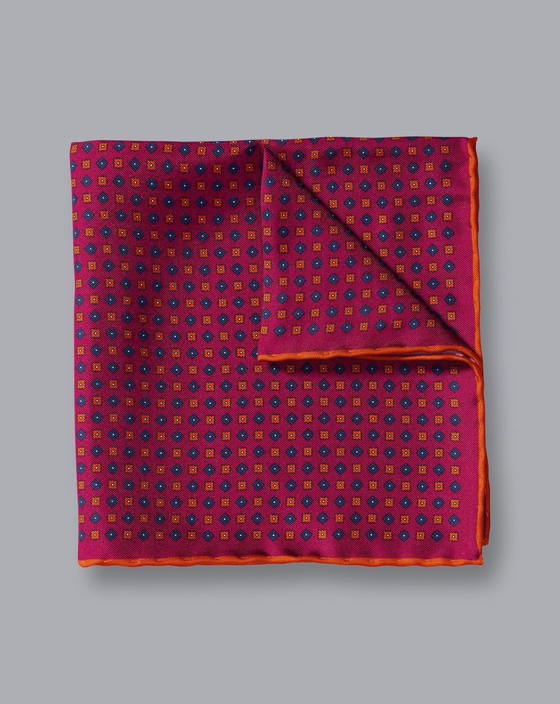 Silk Mini Geometic Print Pocket Square - Berry & Orange
