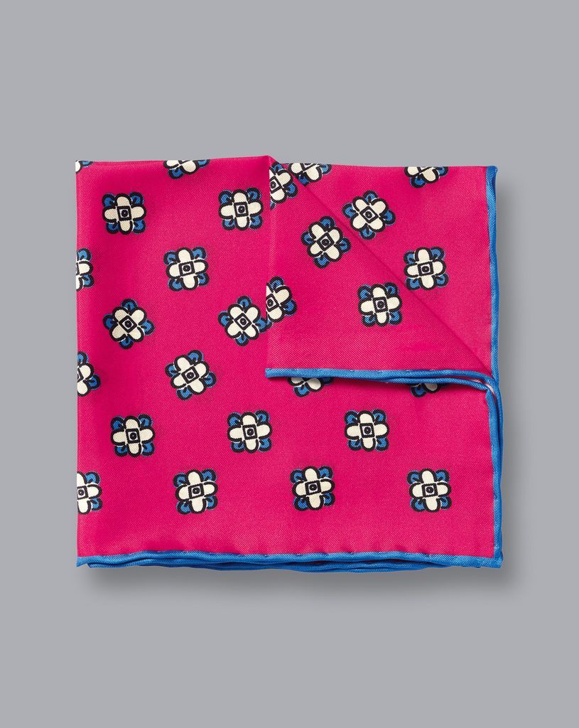 Silk Floral Geometic Print Pocket Square - Bright Pink & Blue