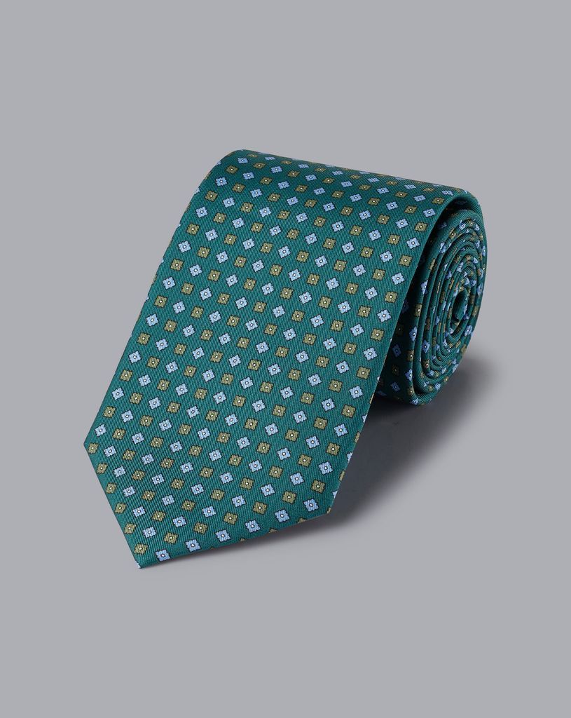 Silk Geometric Print Tie - Green