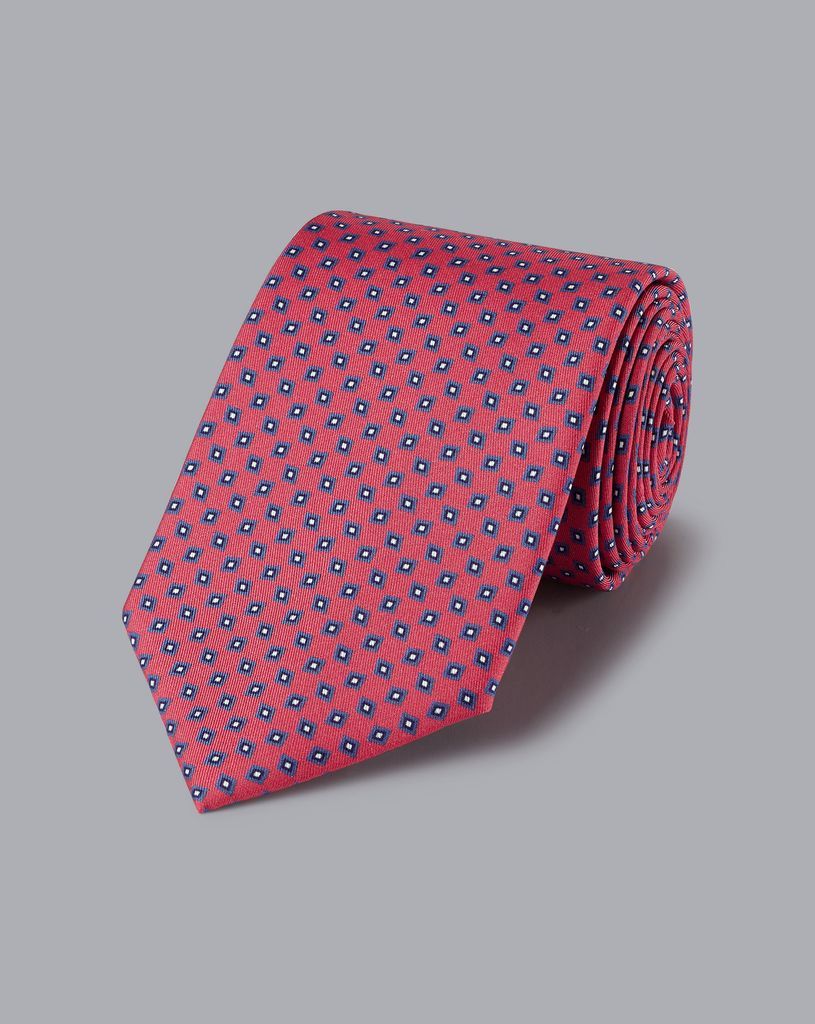 Silk Geometric Print Tie - Dark Pink & Navy