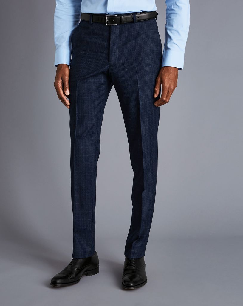 Wool Textured Tonal Check Business Suit Trousers - Midnight Blue