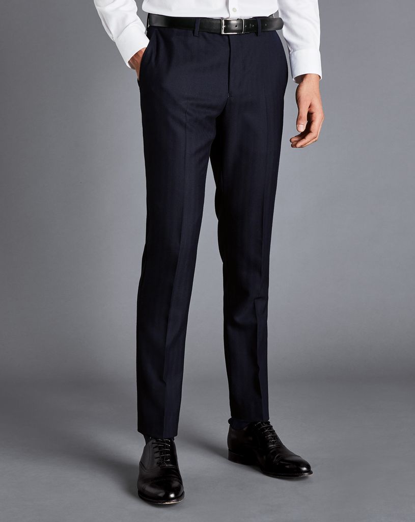 Wool British Luxury Herringbone Suit Trousers - Dark Navy