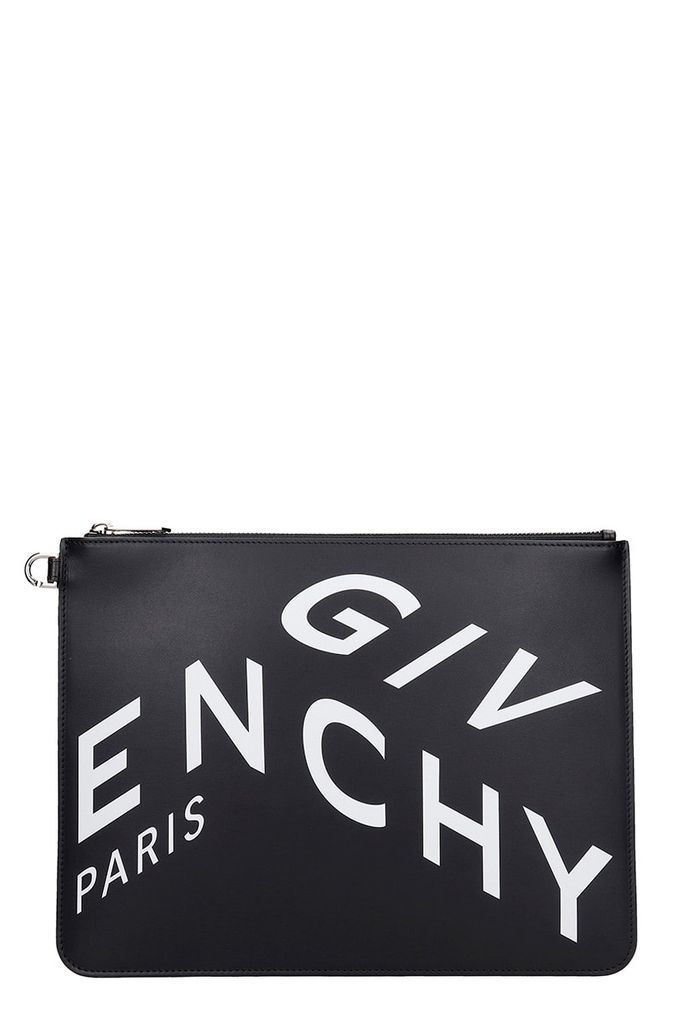 Large Zip Pouch Clutch In Black Leather